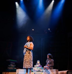 10/18/22 -- Boston, MA Kira Troilo as Miss Honey, left, and Sky Fuller as Matilda rehearse for Roald Dahl's Matilda The Musical at the Wheelock Family Theater on Oct 18. The show runs at the theater from October 21 – November 20. Photo by Jacob Chang-Rascle