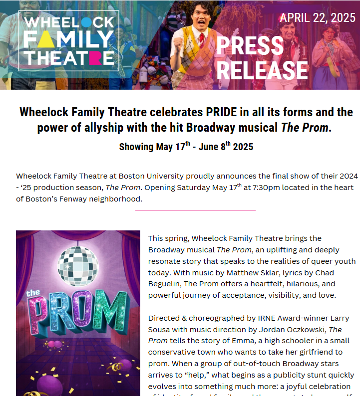 Wheelock Family Theatre celebrates PRIDE in all its forms and the power of allyship with the hit Broadway musical The Prom.